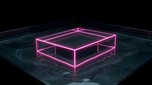 Glowing pink neon rectangle pedestal floating on dark reflective water