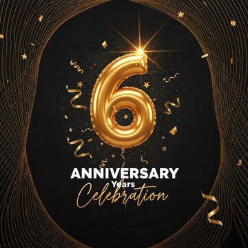 Golden number 6 balloon for six years anniversary celebration on black background