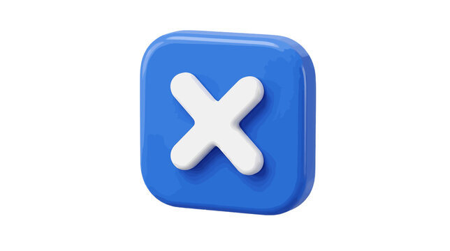 3d render of a blue square icon with a white cross mark on a transparent background
