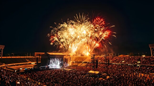 Gold fireworks exploding over a stadium concert crowd at night
