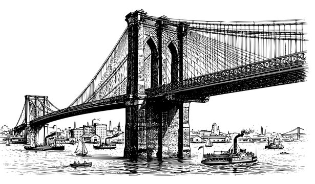 Brooklyn Suspension Bridge 1883 Architectural Vintage Engraved Illustration