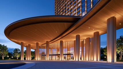 Naklejka premium Modern hotel entrance with curved wooden canopy and illuminated columns at dusk