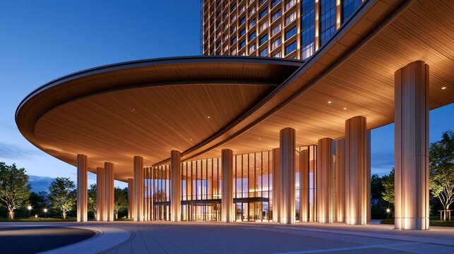 Modern hotel entrance with curved wooden canopy and illuminated columns at dusk