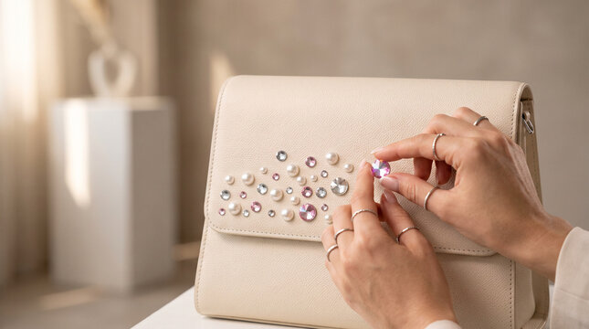 Rhinestone embellished handbag in crystalcore style, beige and silver