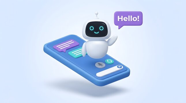 3D AI Chatbot Assistant Waving Hello on Smartphone