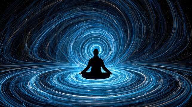 Silhouette of a person meditating in a vortex of swirling blue energy and stars