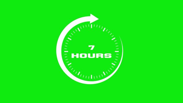 7 Hours Countdown Timer Clock Icon on Green Screen Background