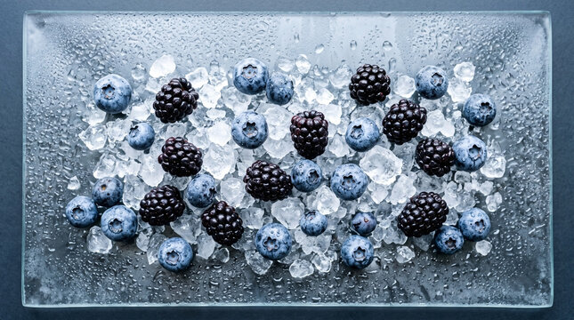 Blueberries and blackberries on crushed ice with condensation