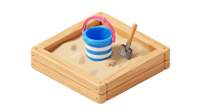 Wooden sandbox with a blue bucket and shovel on a transparent background