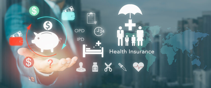 Businessman holding piggy bank and health insurance icon concept. Family medical protection, financial planning, OPD IPD coverage, healthcare policy, savings, and investment.