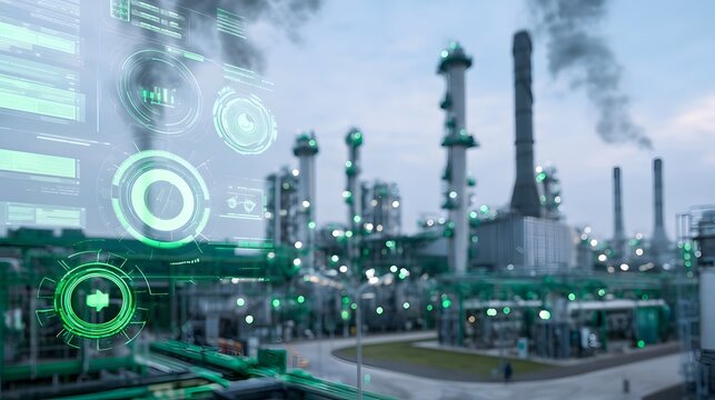 Modern industrial facility with green digital overlay showing ope nal data and control interfaces against a softly lit background