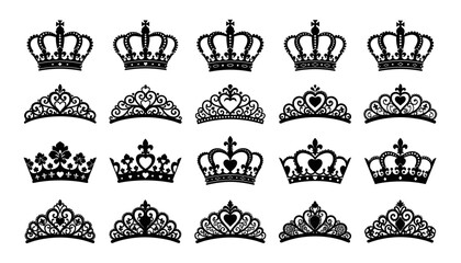 Royal tiara and queen crown black silhouette collection set isolated on a white background vector illustration © MSTOARINA