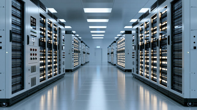 Bright room with large industrial battery cabinets and control panels for backup power and energy storage infrastructure concept engineering technology indoor with copy space