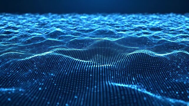 Futuristic digital wave surface with glowing blue particles, abstract technology background