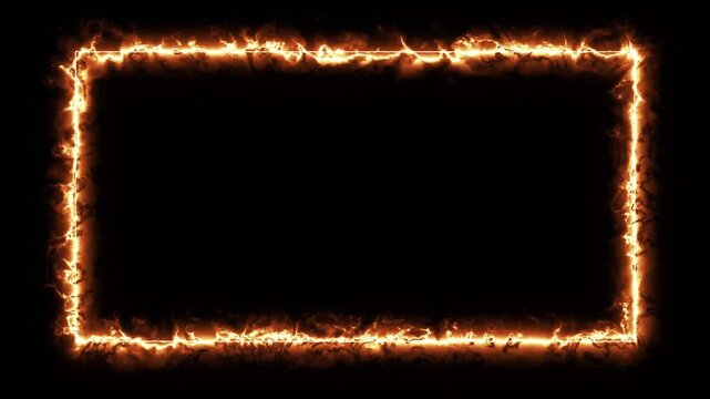 Fiery Electric Flame Frame Border on Black Background Loop Alpha Channel. Square Glowing Light Border In Black Background 
