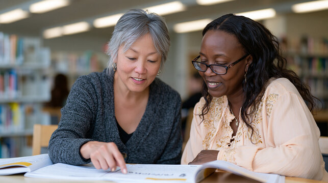 Literacy tutoring volunteer seated beside an adult learner at a library table under fluorescent lighting, pointing to a sentence in a workbook, one-on-one reading instruction,