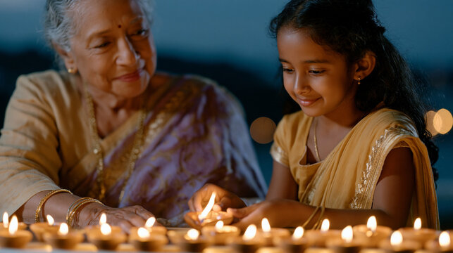 An elderly woman and her granddaughter carefully lower a lit clay diya onto a windowsill lined with dozens of tiny flames at dusk, capturing Diwali lamp lighting tradition, Hindu