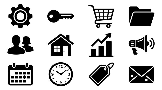 Vector set of business e-commerce time management communication glyph icons in black color with business ecommerce management communication shopping megaphone calendar envelope commerce