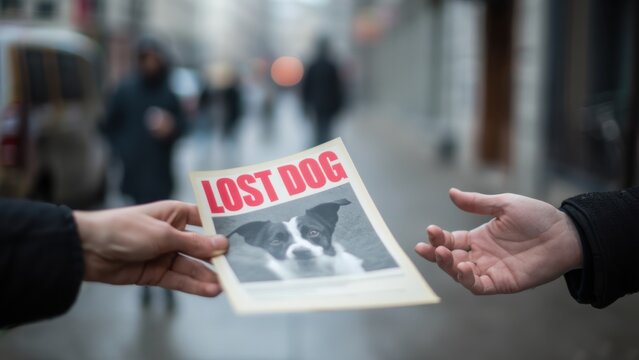 Lost dog flyer shared between people, missing pet search, flyer distribution, community assistance, animal rescue appeal, neighborhood alert, pet recovery, lost animal notice, public appeal