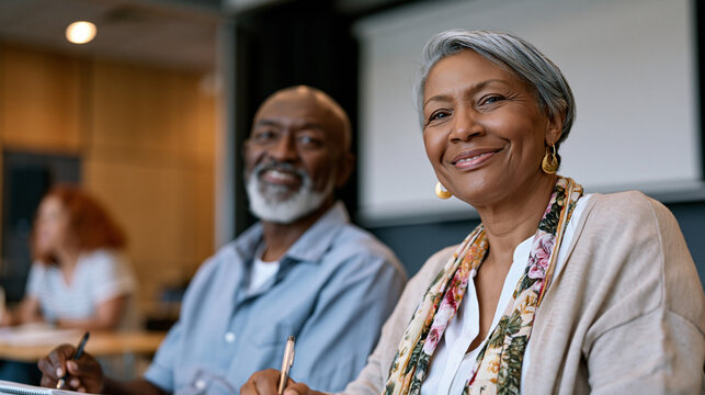 Retiree couple attending community financial workshop where instructor demonstrates micro investment app on projected screen, warm community center interior, both taking notes,