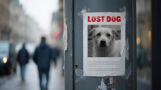 Lost dog poster on city pole, missing pet notice, lost dog search, animal rescue appeal, community alert, pet owner assistance, neighborhood search, local public notice, community assistance