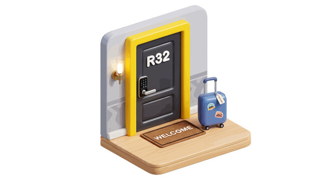 3d hotel room door r32 with luggage and welcome mat on a transparent background