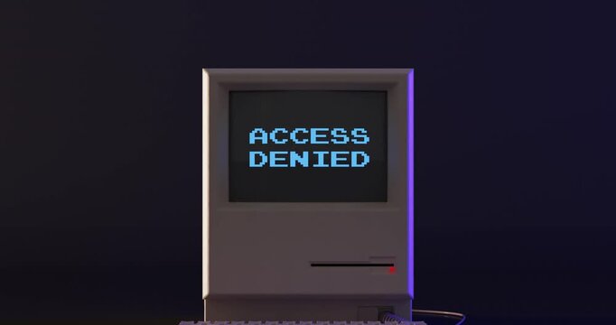4k Resolution Video: Cybersecurity, Access Control, Digital Security And Unauthorized Entry Concept. Old Computer With Flashing Access Denied Message On Dark Background