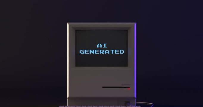 4k Resolution Video: Artificial Intelligence, Generative Technology, Synthetic Content And Retro Computing Concept. Old Computer With Flashing AI Generated Message On Dark Background