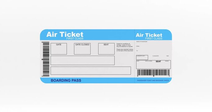 4k Resolution Video: Air Travel, First Class Flight, Boarding, Reservation And Passenger Journey Concept. Blue Airline Ticket With Barcodes And Blank Information Fields Animated On White 