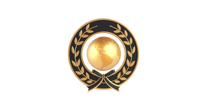 4k Resolution Video: Global Achievement, International Excellence, Prestige, Honor And Leadership Concept. Golden Globe Framed By Laurel Wreath And Black Ribbon Animated On White 