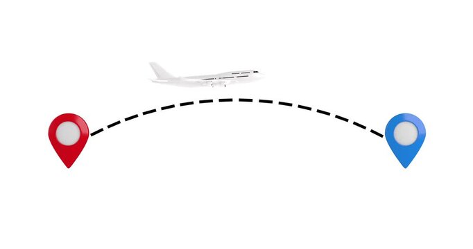 4k Resolution Video: Air Travel, Flight Route, Destination, Navigation And International Journey Concept. Passenger Airplane Flying Between Two Animated Location Pins On White 