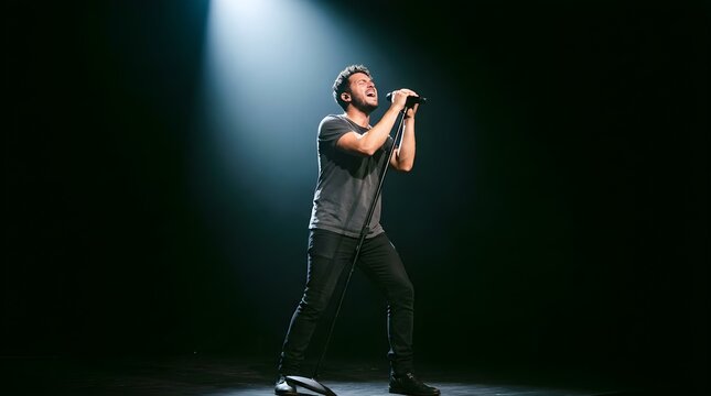 Male singer performing passionately into a microphone on a dark stage