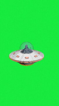4k Resolution Vertical Video for Social Media: Retro Pixel Sci-Fi Concept. Alien Pilot In Metallic UFO Saucer With Glass Dome And Green Chroma Key Background Animated In Old Computer Game Style