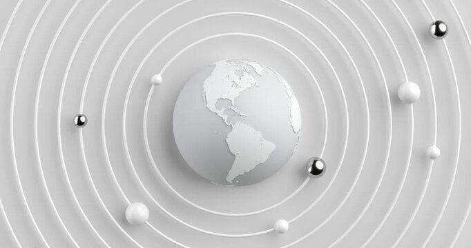 4k Resolution Video: Global Connectivity, Orbital Networks, Technology, Communication And Worldwide Systems Concept. Animated Gray Globe Surrounded By Concentric Rings And Metallic Spheres