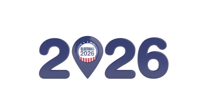 4k Resolution Video: Election Year, Voting, Democracy, Political Campaign And Location Concept. Blue 2026 Numerals With Election Badge Inside Map Pin Animated On White Background With Alpha Matte