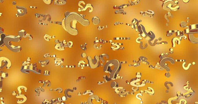 4k Resolution Video: Curiosity, Uncertainty, Questions, Confusion, Problem Solving And Decision Making Concept. Golden Question Marks Falling Down Across An Orange Background