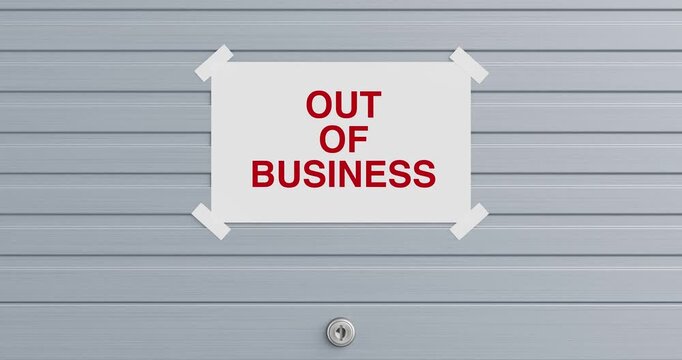 4k Resolution Video: Business Closure, Store Shutdown, Restricted Access And Commercial Failure Concept. Animated Metal Door Closes With Out Of Business Sign Over A Green 