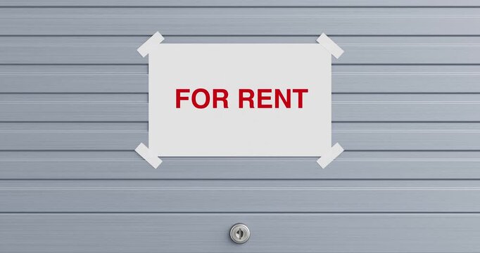 4k Resolution Video: Property Rental, Garage Security, Closing Door Animation And Vacancy Concept. Closing Metal Garage Gate With For Rent Sign Animated On Green 