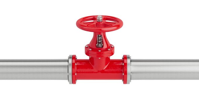 4k Resolution Video: Industrial Flow Control, Pressure Regulation And Infrastructure Maintenance Concept. Opening And Closing Animation Of Red Gate Valve Installed In Metal Pipe On White 