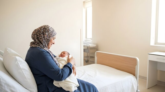 Mother wearing hijab holding her newborn baby in a hospital room bed