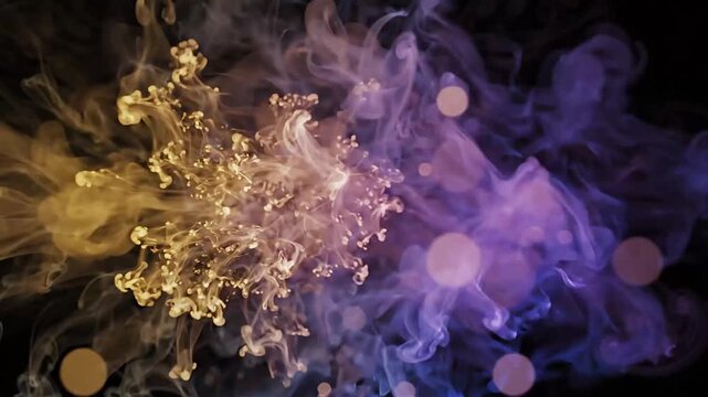 Optical light diffusion smoke explosion with colorful particles on black screen chroma key