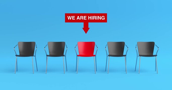 4k Resolution Video: Recruitment, Hiring, Job Vacancy, Candidate Selection And Employment Opportunity Concept. Animated Five Office Chairs With A Red Selected Seat Under Animated Hiring Sign On Blue 