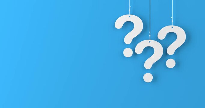4k Resolution Video: Uncertainty, Inquiry, Curiosity, Problem Solving And Decision Making Concept. Hanging White Question Marks Animated On Blue Background With Copy Space And Alpha Matte