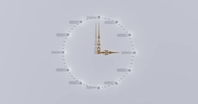 4k Resolution Video: Time Management, Scheduling, Deadlines, Precision And Productivity Concept. Minimal Clock Face With Ornate Gold Hands And Long Shadows Animated On Gray Background