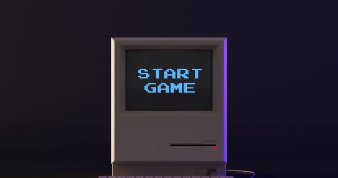 4k Resolution Video: Retro Gaming, Digital Entertainment, Arcade Nostalgia, Computer Technology And Interactive Play Concept. Vintage Computer Displays Animated Start Game Text In A Dark Neon Scene