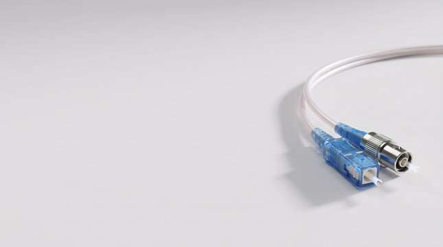Fiber optic connectors showing SC and ST cable ends on a clean white background, representing advanced telecommunications and high-speed data networking.