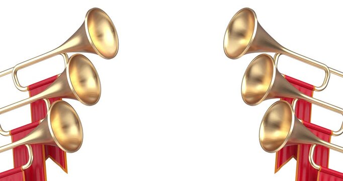 4k Resolution Video: Celebration, Ceremony, Royal Fanfare, Grand Opening And Festive Announcement Concept. Animated Golden Trumpets With Red Banners Frame And Copy Space On White Background 