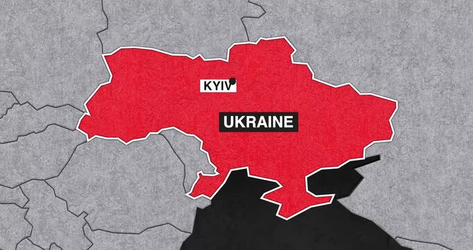 4k Resolution Video: Ukraine Location, Kyiv Identification, Regional Mapping And Animated Map Zoom Concept. World Map Animated Transitions To Highlight Ukraine And Kyiv On Black Background