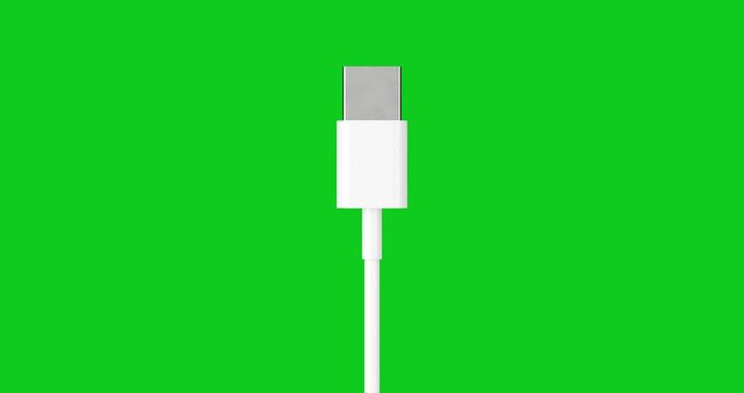 4k Resolution Video: Data Transfer And Charging Concept. White USB A Connector With Slim Cable, Metallic Plug And Plastic Housing Seamless Loop Rotating On Green Background With Alpha Matte