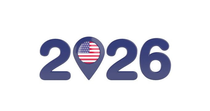 4k Resolution Video: 2026 Election Year, America Location, Voting Campaign Concept. Dark Blue Numerals With Map Marker And US Flag Animating On White Background With Alpha Matte
